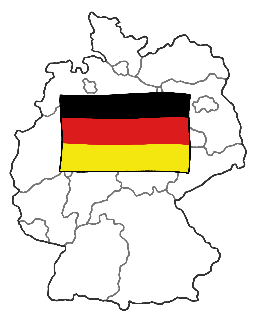 Der Umriss von Deutschland mit allen Bundesländern. In der Mitte von Deutschland ist die deutsche Flagge abgebildet.